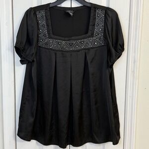 George Blouse Top Beaded Square Neck Pleated Short Sleeve Black XXL